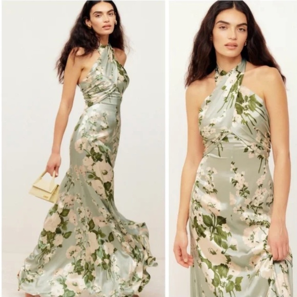 Reformation Dresses & Skirts - Reformation Veria Silk Maxi Dress Halter Tarragon Green Floral Gown Size 2